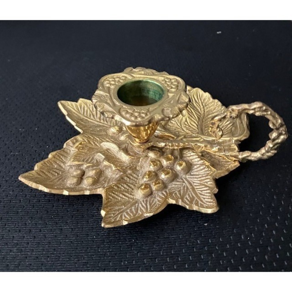 VTG Solid Brass Chamberstick Candle Holder Grape Leaf Cluster Design Loop Handle